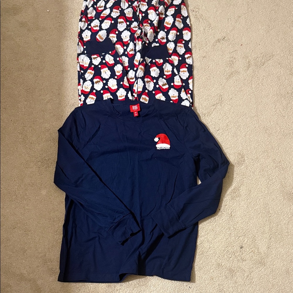 Macy's Festive Santa Print Pajama Set - Navy and Red